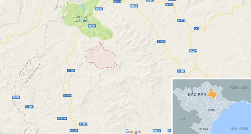 Vị trí hang Thắm Phầy ở xã Hoàng Trĩ (dấu đỏ), huyện Ba Bể, tỉnh Bắc Kạn. Ảnh: Google Maps. to da nhu da hang chuc nghin nam trong hang son doong cua ba be