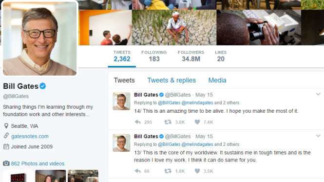 Người sáng lập hãng Microsoft Bill Gates viết ở đoạn tweet số 14: "Đây là một thời đại tuyệt vời để sống. Tôi hy vọng các bạn sẽ tận dụng tốt nhất điều đó" - Ảnh chụp màn hình loi khuyen cua bill gates cho sinh vien muon thay doi the gioi