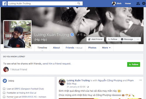 Tài khoản Facebook của đội trưởng U23 Việt Nam đã được Facebook xác thực. facebook mao danh cau thu u23 viet nam moc len nhu nam