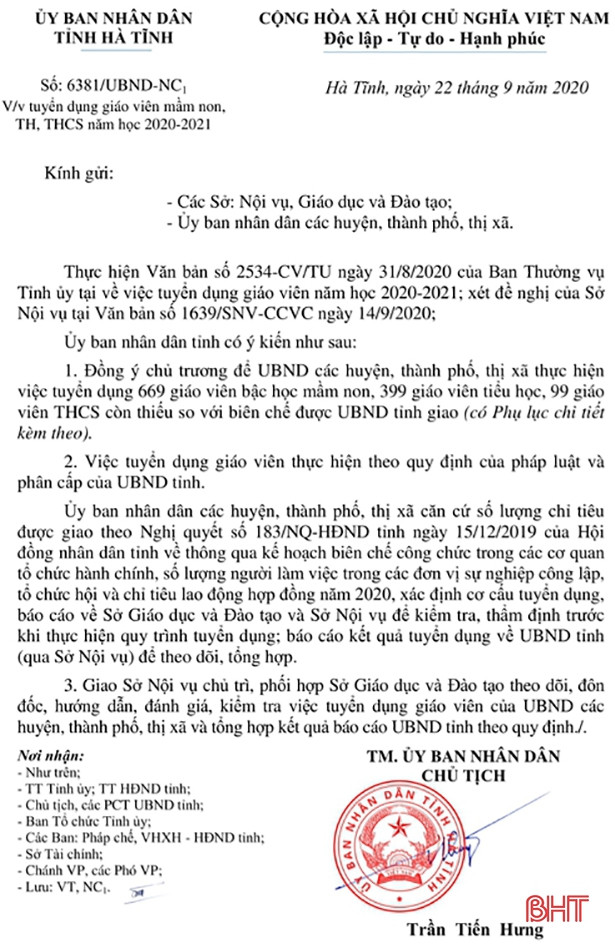 Hà Tĩnh tuyển dụng 1.167 giáo viên mầm non, tiểu học, THCS