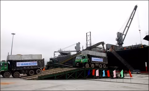 Những mã hàng băm dăm đầu xuân được đổ vào băng chuyền vận chuyển lên tàu