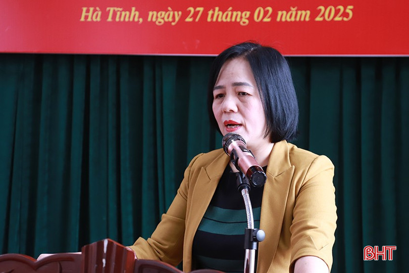 Chủ tịch Hội Chữ thập đỏ tỉnh Lê Thị Mai Hoa phát biểu tại hội nghị. bqbht_br_2.jpg
