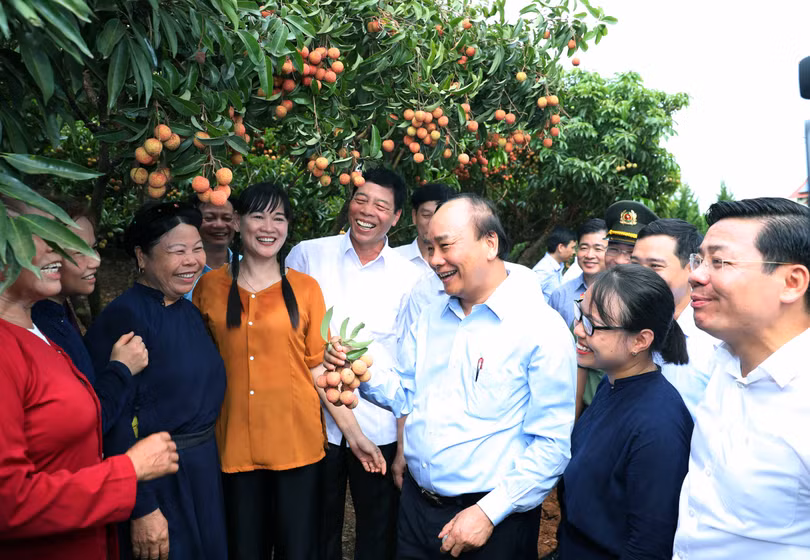 Thủ tướng Nguyễn Xuân Phúc thăm “Vườn quả Bác Hồ” (tiền thân là “Rừng cây Bác Hồ” hình thành vào năm 1970) tại xã Quý Sơn, huyện Lục Ngạn, tỉnh Bắc Giang. - Ảnh: VGP Thủ tướng động viên đoàn xe xuất hành tiêu thụ vải thiều Bắc Giang