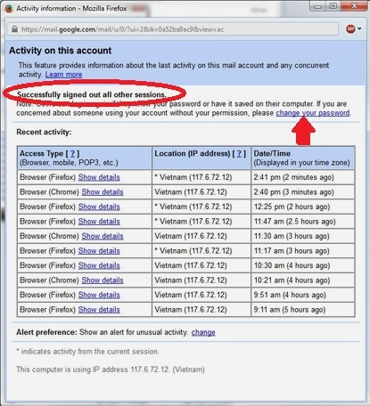 Hướng dẫn cách đăng xuất Gmail từ xa: Nếu đăng xuất Gmail từ xa thành công thì sẽ có thông báo “Successfully signed out all other sessions”. Nếu cẩn thận bạn có thể bấm đường dẫn “change your password” (mũi tên) để đổi mật khẩu.