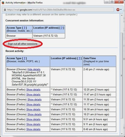 Hướng dẫn cách đăng xuất Gmail từ xa: Sau khi kiểm tra xong hãy bấm nút “Sign out all other sessions” để đăng xuất Gmail từ xa.