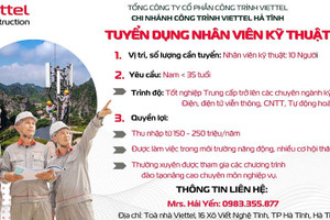 Chi nhánh Công trình Viettel Hà Tĩnh - Tổng Công ty CP Công trình Viettel tuyển dụng nhân viên