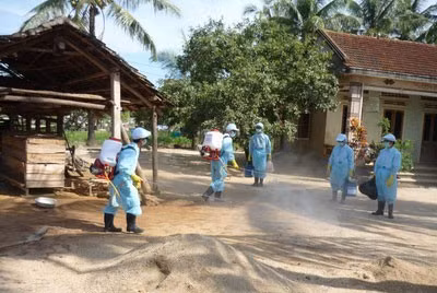 Tiêu độc khử trùng chuồng trại và các khu vực xung quanh để dịch bệnh không lây lan. (Ảnh T.L)