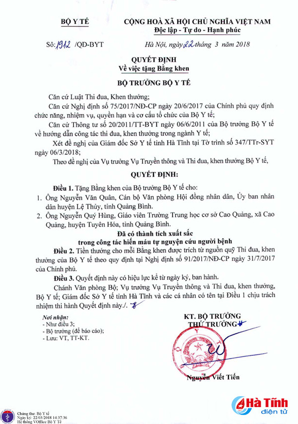 bo y te tang bang khen cho 2 ca nhan hien mau cuc hiem cuu benh nhan