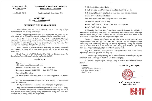 Can Lộc xử phạt 10 triệu đồng với 1 trường hợp tàng trữ pháo trái phép