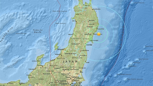 Tâm chấn động đất nằm ở ngoài khơi tỉnh Miyagi. Ảnh: earthquake.usgs.gov