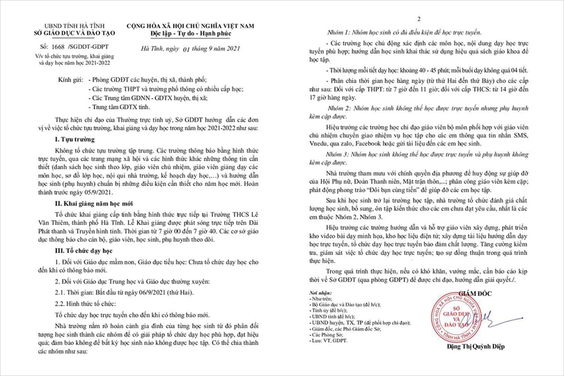 Hà Tĩnh chưa tổ chức dạy học đối với học sinh tiểu học, mầm non