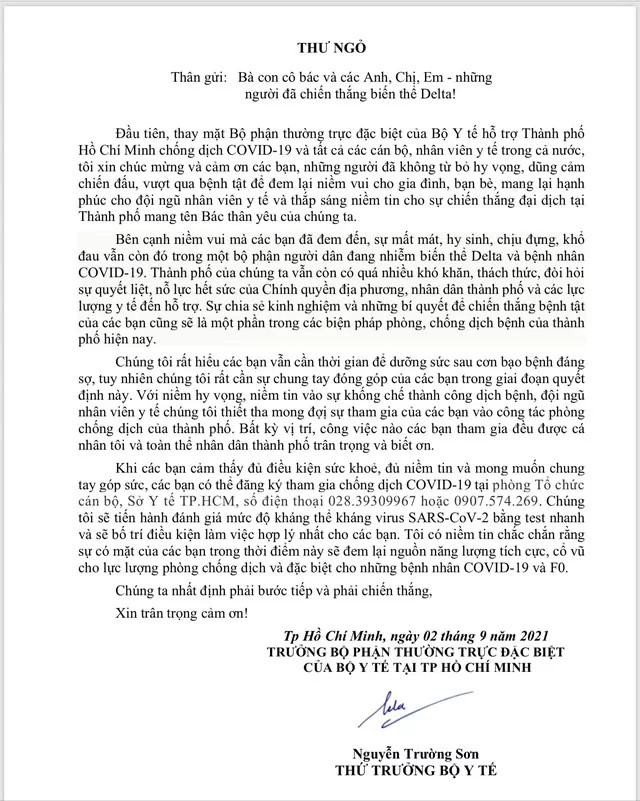 Thứ trưởng Nguyễn Trường Sơn gửi thư ngỏ kêu gọi những người đã khỏi bệnh tham gia chống dịch