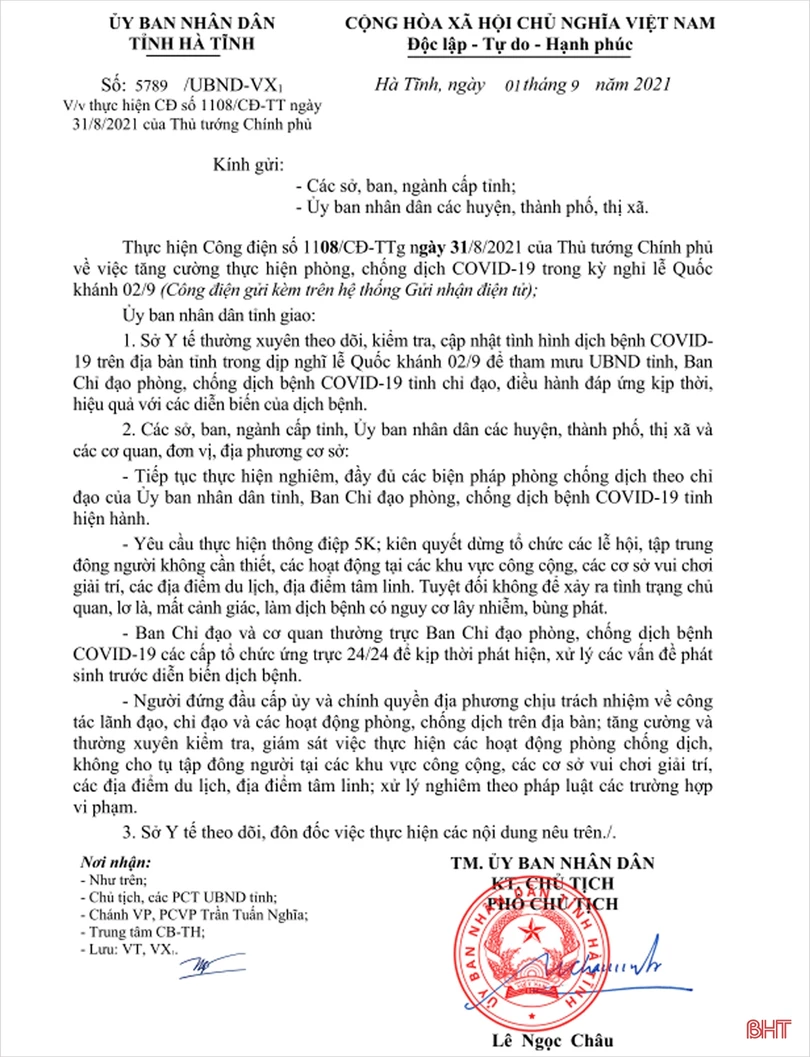 UBND tỉnh Hà Tĩnh chỉ đạo không tập trung đông người dịp nghỉ lễ 2/9