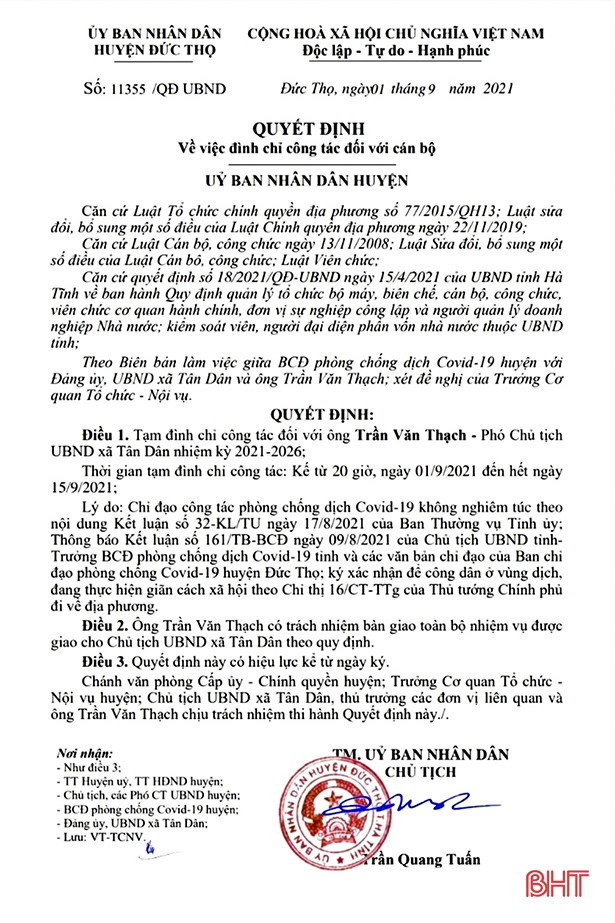 Hà Tĩnh: Tạm đình chỉ công tác Phó Chủ tịch UBND xã vì ký giấy xác nhận cho công dân ở vùng dịch về quê