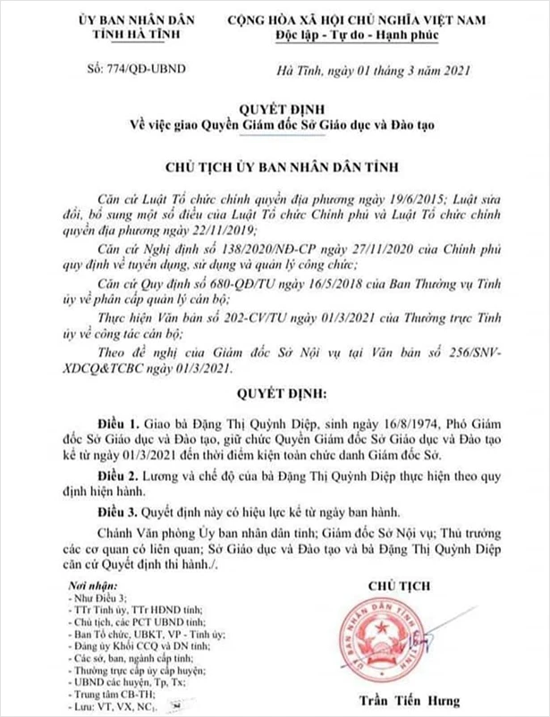 Bà Đặng Thị Quỳnh Diệp được giao Quyền Giám đốc Sở GD&ĐT Hà Tĩnh