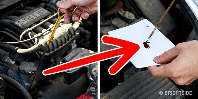 Kiểm tra chất lượng dầu: Đây là một mẹo đặc biệt giúp ta kiểm tra được chất lượng dầu trong động cơ. Làm nóng động cơ từ 5-10 phút, sau đó tắt bộ đánh lửa. Mở mui xe và nhỏ vài giọt dầu vào giấy. Đặt tờ giấy ở nơi thoáng mát và chờ khoảng 2 giờ đến khi giọt dầu khô hẳn. Sau đó, kiểm tra kết quả. Nếu xung quanh chấm tròn đều trơn tru, có nghĩa dầu không bị pha lẫn nước. Đây là dầu tốt. Còn nếu giữa chấm tròn có màu đen (xám) thì dầu bị bẩn, cần phải thay. Nếu trên tờ giấy có lẫn các mẫu vụn kim loại chứng tỏ vài bộ phận trong xe bị hỏng. Ta đang dùng dầu kém chất lượng. Cần phải thay dầu mới. 12 meo hay tu cac tai xe giau kinh nghiem
