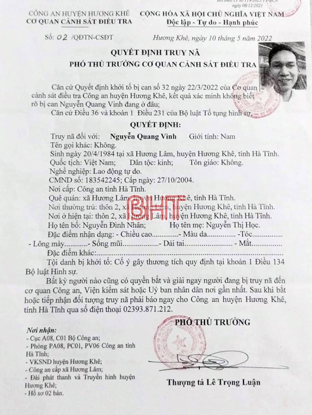 Công an Hương Khê truy nã đối tượng chém người bị thương rồi bỏ trốn
