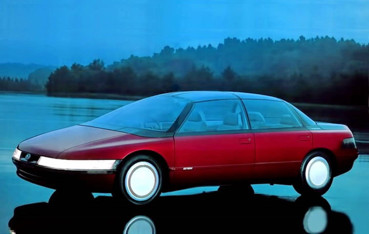 Subaru F-624 Estremo (1987): Được thiết kế theo kiểu không gian với phần khung ngoài che chắn hộp số truyền liên tục (CVT), hệ thống truyền động bốn bánh và camera phía sau. Ngăn chứa động cơ dài và rộng gồm 6 xy-lanh tăng áp đôi xếp thành mặt phẳng. F-624 Estremo không được sản xuất nhưng rất nhiều công nghệ của nó được áp dụng với dòng xe của Subaru trong những năm 1990. 10 ban concept xe hoi an tuong nhat moi thoi dai