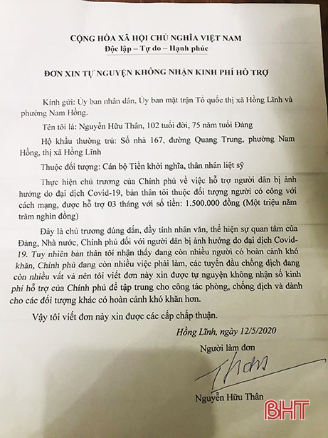 Đảng viên 75 năm tuổi Đảng ở Hà Tĩnh tự nguyện không nhận tiền hỗ trợ Covid-19
