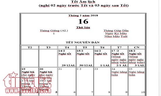 chot lich nghi tet nguyen dan 2018 se nghi truoc tet 2 ngay
