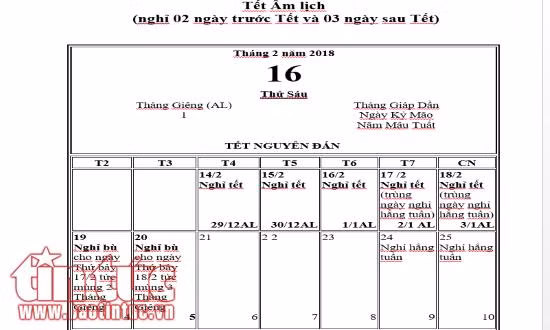chot lich nghi tet nguyen dan 2018 se nghi truoc tet 2 ngay