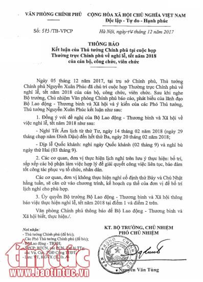 chot lich nghi tet nguyen dan 2018 se nghi truoc tet 2 ngay