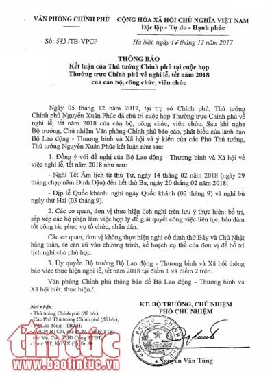 chot lich nghi tet nguyen dan 2018 se nghi truoc tet 2 ngay