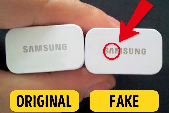 Hàng thật bên trái, hàng giả bên phải 6 cach phan biet do dien tu that gia