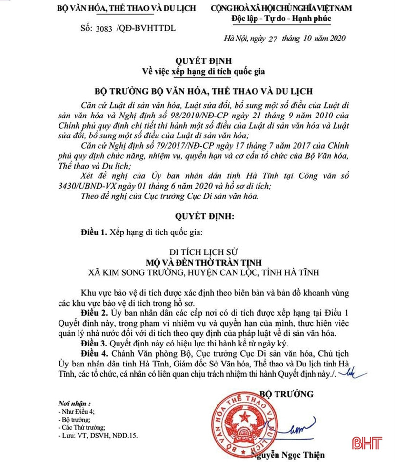 Công nhận Mộ và Đền thờ Trần Tịnh là di tích lịch sử văn hóa quốc gia