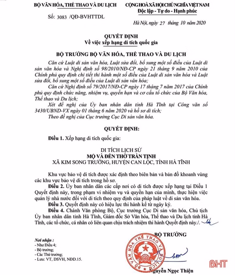 Công nhận Mộ và Đền thờ Trần Tịnh là di tích lịch sử văn hóa quốc gia