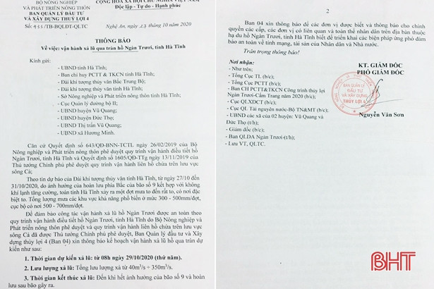 Hồ Ngàn Trươi bắt đầu xả lũ từ 8 giờ sáng 29/10