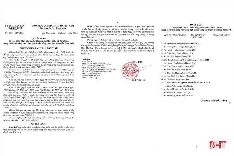 Chủ tịch UBND tỉnh Hà Tĩnh công nhận 14 xã đạt chuẩn các loại hình nông thôn mới