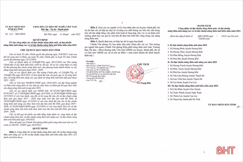 Chủ tịch UBND tỉnh Hà Tĩnh công nhận 14 xã đạt chuẩn các loại hình nông thôn mới