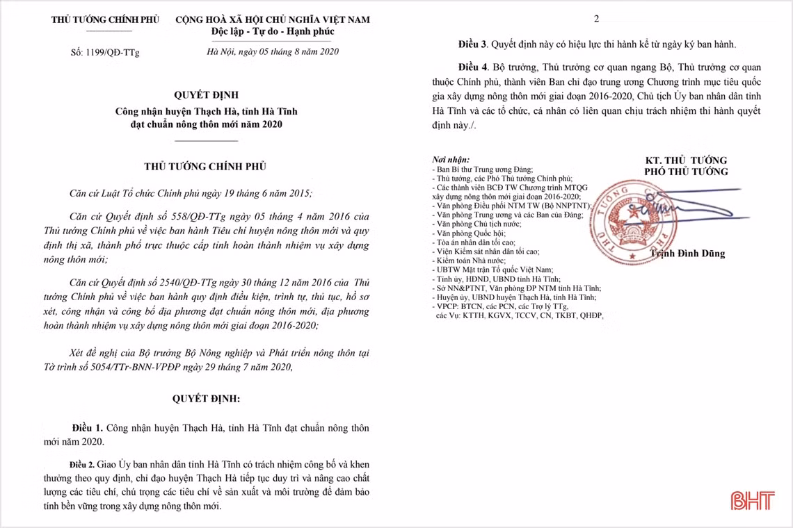 Thủ tướng Chính phủ công nhận huyện Thạch Hà đạt chuẩn nông thôn mới