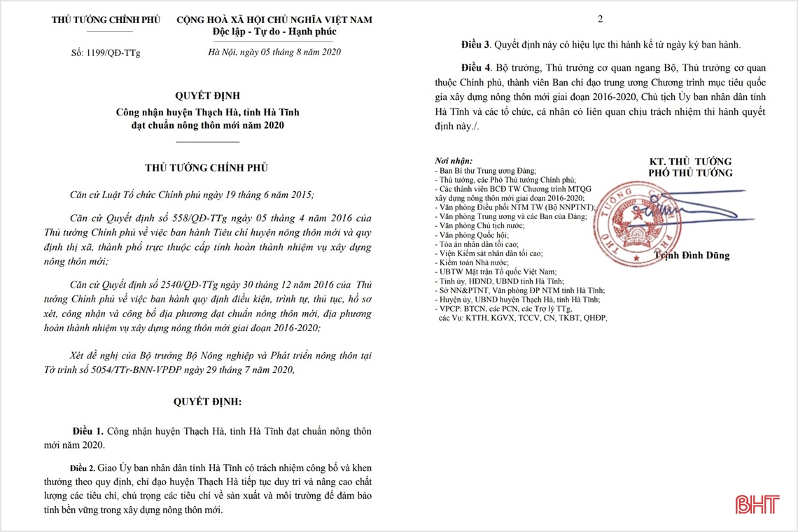 Thủ tướng Chính phủ công nhận huyện Thạch Hà đạt chuẩn nông thôn mới