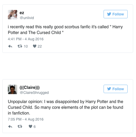 Người hâm mộ phàn nàn vì The Cursed Child giống như fan-fic. Ảnh: Twitter nguoi ham mo that vong vi sach moi ve harry potter