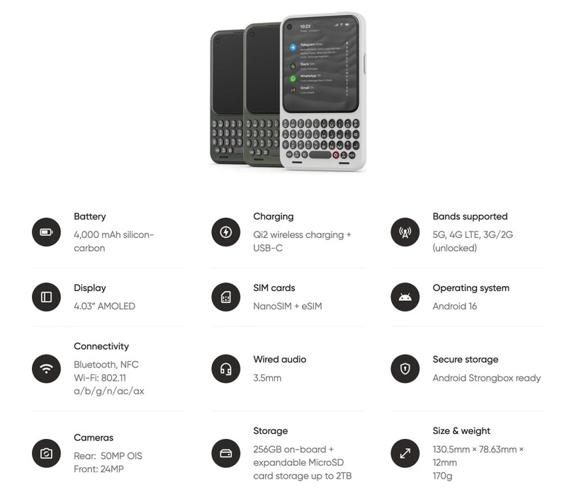 Dù mang diện mạo hoài cổ, Clicks Communicator vẫn sở hữu phần cứng của một chiếc smartphone tiêu chuẩn trong năm 2026. Máy được trang bị chip MediaTek tiến trình 4 nm hỗ trợ 5G, đi kèm màn hình AMOLED 4,03 inch và hệ thống camera chính 50 MP tích hợp chống rung quang học (OIS). Ảnh: Clicks.