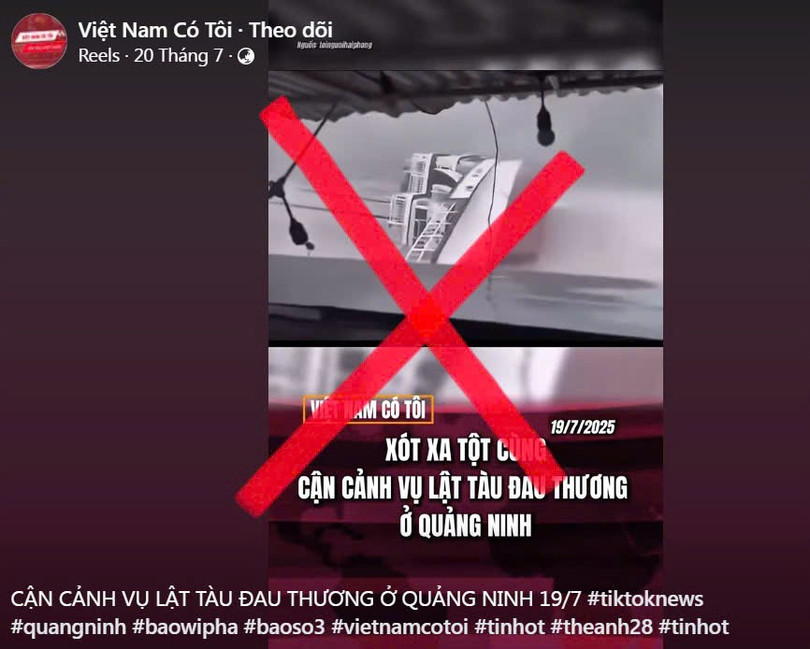 Một fanpage đăng video tàu chìm trong đợt bão Yagi nhưng chú thích là vụ lật tàu 19/7. Ảnh chụp màn hình z6824311124159-a446149df562966a85a8103a18ae62de.jpg