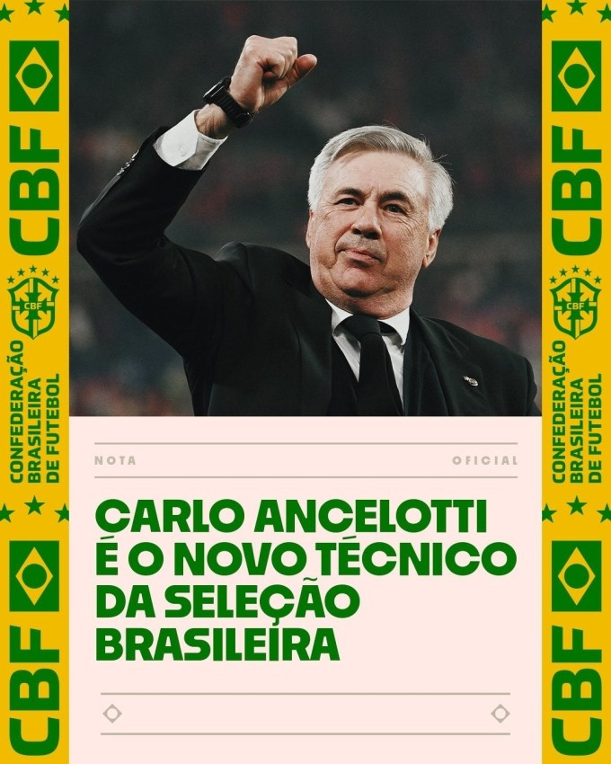 CBF thông báo về việc bổ nhiệm Carlo Ancelotti làm HLV trưởng tuyển Brazil ngày 12/5. Ảnh: CBF CBF thông báo về việc bổ nhiệm Carlo Ancelotti làm HLV trưởng tuyển Brazil ngày 12/5. Ảnh: CBF
