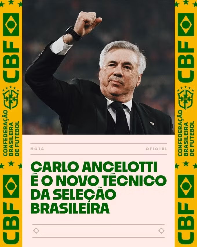 CBF thông báo về việc bổ nhiệm Carlo Ancelotti làm HLV trưởng tuyển Brazil ngày 12/5. Ảnh: CBF