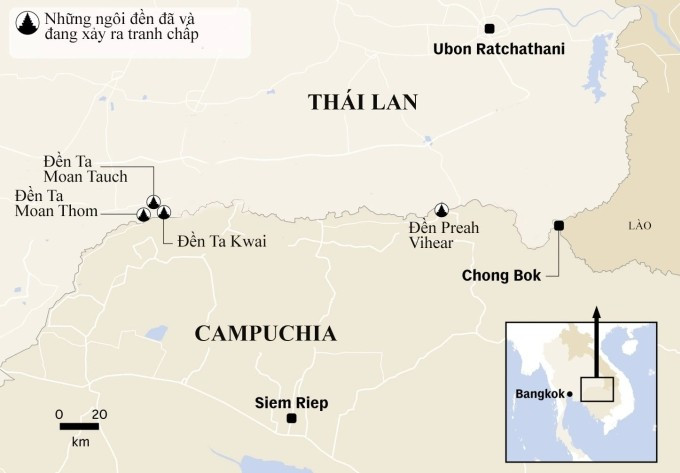 Vị trí các đền tranh chấp giữa Campuchia và Thái Lan. Đồ họa: CNA Vị trí các đền tranh chấp giữa Campuchia và Thái Lan. Đồ họa: CNA