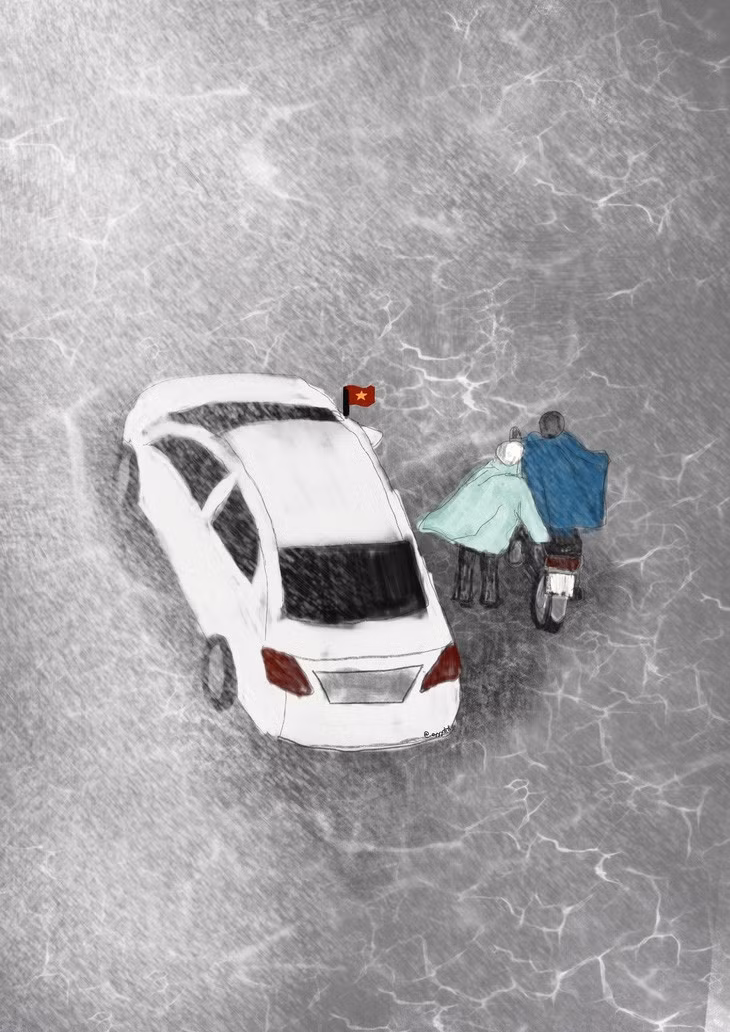 Xe ô tô đi chậm lại để chống gió giúp xe máy trong cơn bão - Ảnh: ĐỒNG AN THƯ