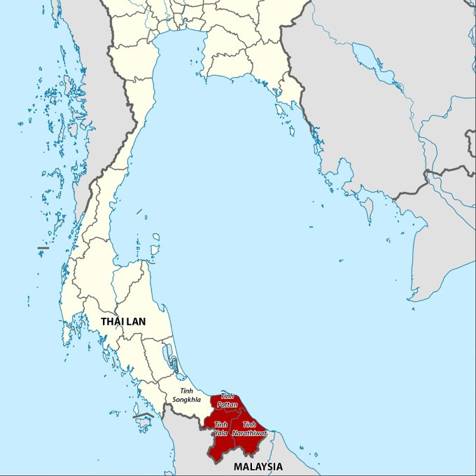 Vị trí các tỉnh Pattani, Yala, Narathiwat và Songkhla của Thái Lan. Đồ họa: Wikimedia