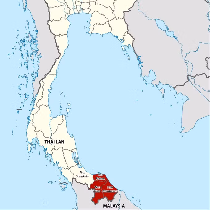 Vị trí các tỉnh Pattani, Yala, Narathiwat và Songkhla của Thái Lan. Đồ họa: Wikimedia