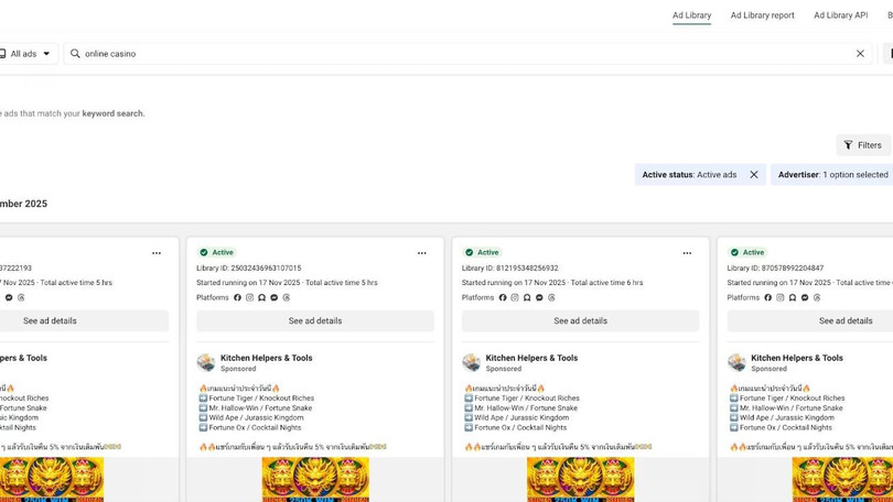 Các quảng cáo cờ bạc online trên Meta thường xuất hiện trong 6-8 tiếng. Ảnh: Rest of World.