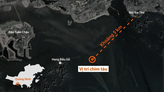 Vị trí tàu chở 53 người chìm trên vịnh Hạ Long. Đồ họa: Bá Nam Vị trí tàu chở 53 người chìm trên vịnh Hạ Long. Đồ họa: Bá Nam