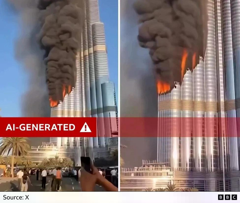 Video cảnh tòa tháp Burj Khalifa ở Dubai bốc cháy và đám đông bỏ chạy về phía tòa nhà do AI tạo ra thu hút hơn 10 triệu lượt xem. Ảnh: BBC.