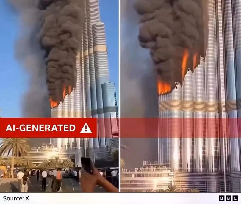 Video cảnh tòa tháp Burj Khalifa ở Dubai bốc cháy và đám đông bỏ chạy về phía tòa nhà do AI tạo ra thu hút hơn 10 triệu lượt xem. Ảnh: BBC.