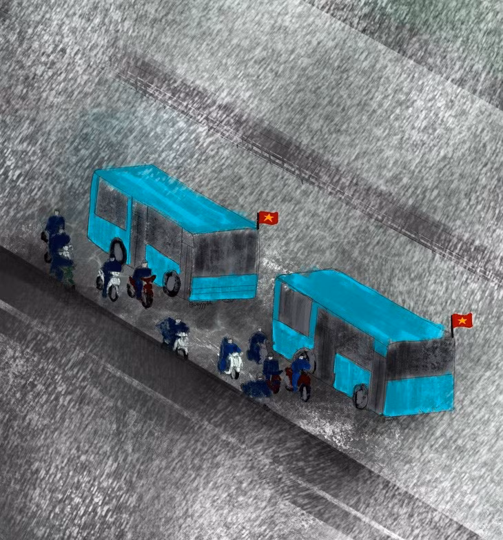 Hai chiếc xe buýt chạy từ từ để giúp dòng xe máy vượt qua bão trên cầu Nhật Tân (Hà Nội) - Ảnh: ĐỒNG AN THƯ