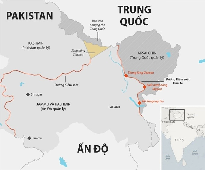 Khu vực Kashmir và ngã ba biên giới Ấn Độ - Pakistan - Trung Quốc. Đồ họa: Telegraph Khu vực Kashmir và ngã ba biên giới Ấn Độ - Pakistan - Trung Quốc. Đồ họa: Telegraph